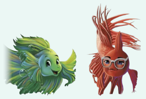 Krishna, a green betta fish, and Arya, a red betta fish with glasses